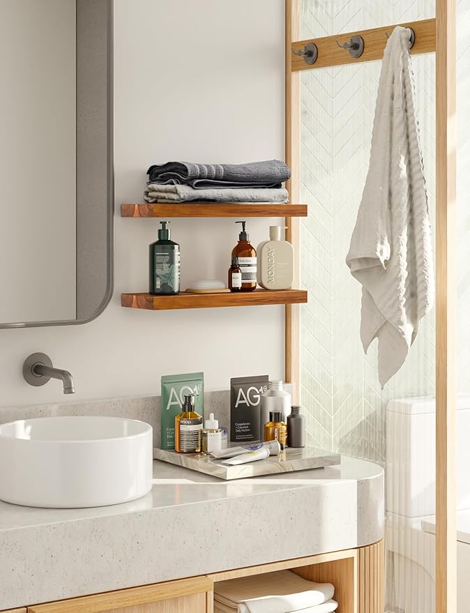 BATODA Set of 2 17" Acacia Wood Floating Shelves Wall Mounted – Rustic Farmhouse Wooden Wall Storage Shelf for Bedroom, Kitchen, Home Décor - Brackets and Shelving Mounting Hardware Included-NeatNest
