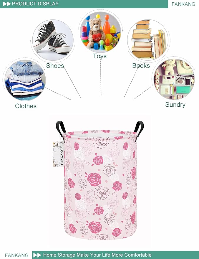 FANKANG Storage Basket, Nursery Hamper Canvas Laundry Basket Foldable with Waterproof PE Coating Large Storage Baskets for Kids Boys and Girls, Office, Bedroom, Clothes,Toys(Pink roses)