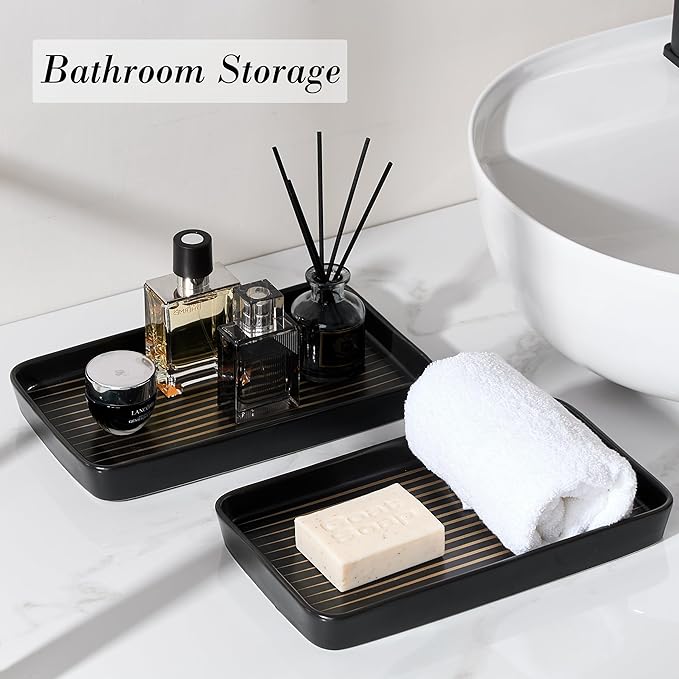 Bathroom Vanity Tray for Countertop,2PC Rectangle Striped Tray,Decorative Bathroom Organizer for Scrubber, Lotion Bottles, Perfume, Jewelry, Candle, Key Trinket Ring(Large,Black)-NeatNest