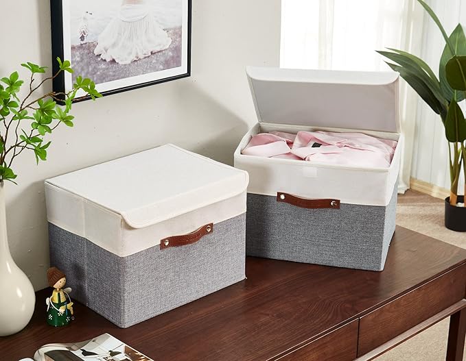 DECOMOMO Fabric Storage Bins with Lid, Storage Baskets for Shelves Toy Box (Grey and White, 3 Pack)-NeatNest