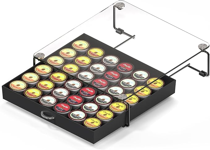 DecoBrothers Crystal Tempered Glass Holder Drawer for 36 Coffee Pods Storage, Black-NeatNest