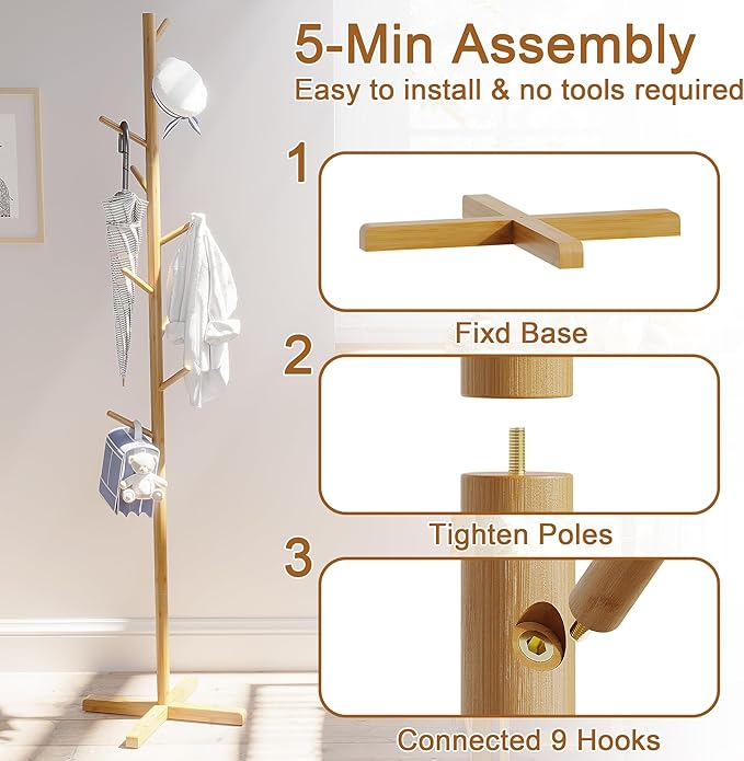 Bamboo Tree Coat Rack Stand, Freestanding kids Coat Tree with 9 Hooks 3 Adjustable Height for Child Adult, Coat Stand Tree Fits Entryway Bedroom Office for Bags Hats (64 inch height)-NeatNest