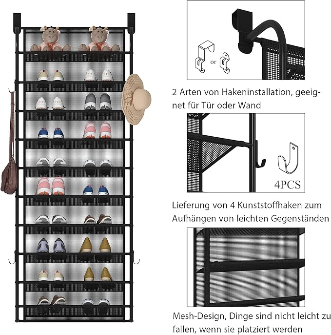 10 Tier Shoe rack Hanging Shoe Storage the door shoe rack for Closet Pantry Over The Door Shoe Organizer Wall Floating Shelves (Black, 10 Tier)-NeatNest