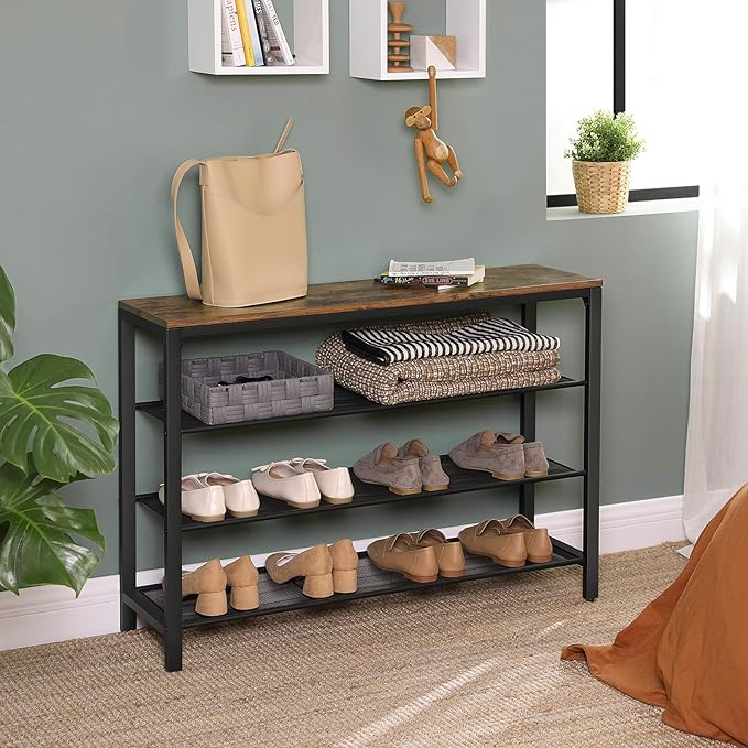 VASAGLE 4 Tier Shoe Rack, Shoe Organizer for Closet, Entryway, 16-20 Pairs of Shoes, Large Shoe Rack Organizer with 3 Metal Mesh Shelves, 11.8 x 39.4 x 28.3 Inches, Rustic Brown and Black ULBS14BX-NeatNest