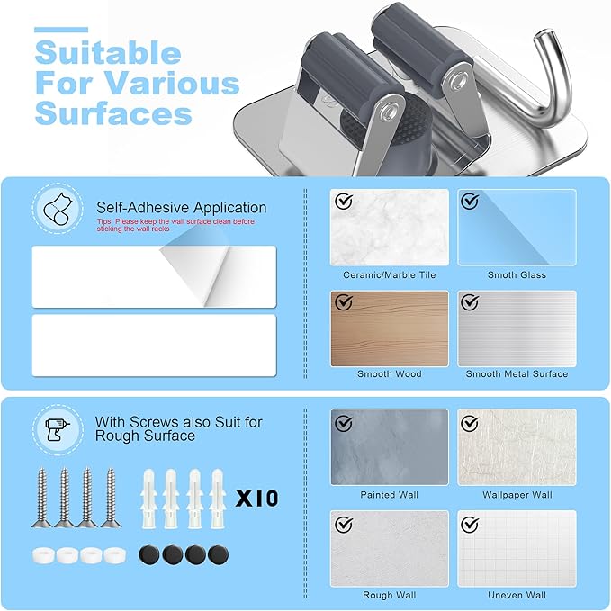 4 Pack Stainless Steel Mop and Broom Gripper with Hook, Screw Drilling or Self Adhesive Mop and Broom Holder Wall Mount, Storage Rack for Closet Laundry Garage Garden Tool Organizer, Silver-NeatNest