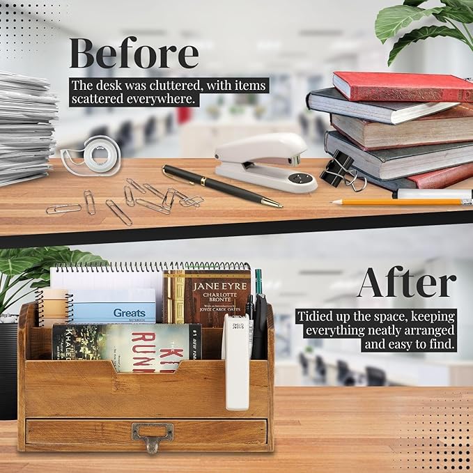 Flexzion 3 Tier Wooden Desk Organizer - Country Rustic Compartments Slot File Tray Pencil Sorter Shelf Holder Supplies Rack Accessories Set with Storage Drawer for Desktop Tabletop Office Home Brown-NeatNest