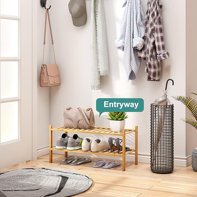 2-Tier Bamboo Shoe Rack for Entryway, Bamboo Wood Shoe Organizer for Hallway Closet, Free Standing Shoe Racks for Indoor Outdoor-NeatNest