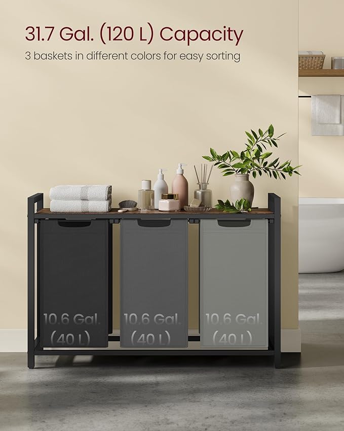 VASAGLE Laundry Hamper, Laundry Basket, Laundry Sorter with 3 Pull-Out and Removable Bags, Shelf, Metal Frame, 3 x 10.6 Gallons (40 L), 36.4 x 13 x 28.4 Inches, Tricolor and Rustic Brown UBLH301X01-NeatNest