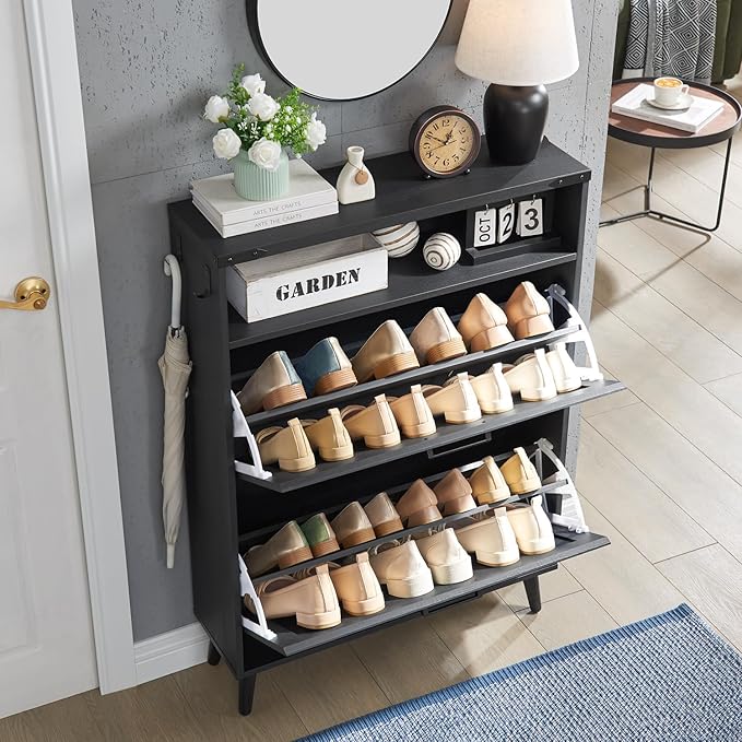 Shoe Storage Cabinet, Farmhouse Shoe Organizer with 2 Flip Drawers & Barn Door,Freestanding Hidden Slim Narrow Shoe Rack Cabinet with Open Storage for Entryway, Foyer, Black-NeatNest