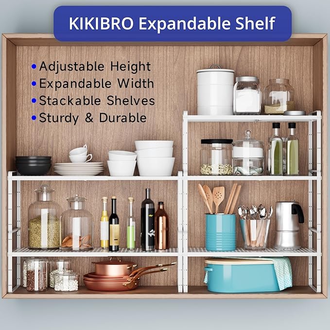 Expandable Cabinet Shelf Organizers, Kitchen Small Stand Rack Organization for Countertop Cupborad Pantry, White 1 Pack-NeatNest