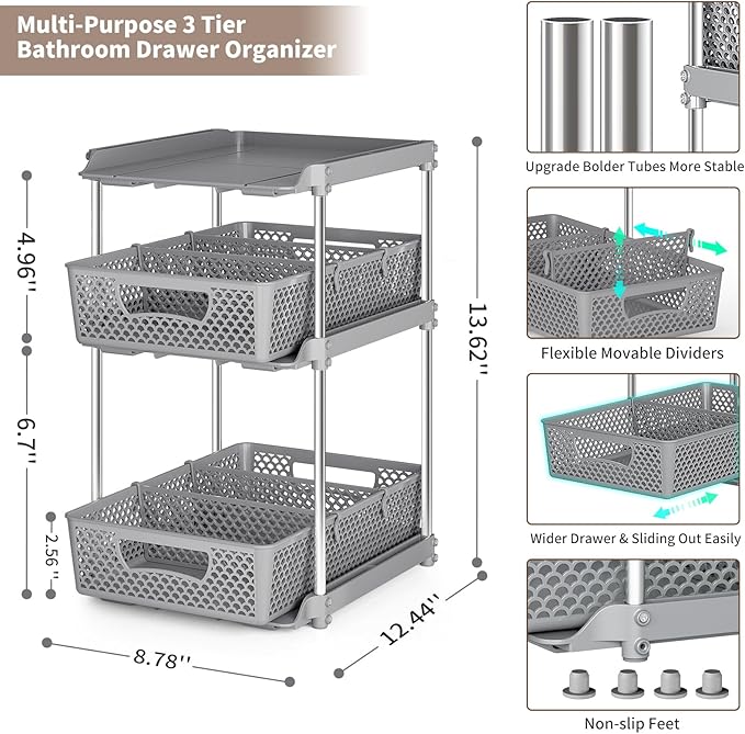 2Pcs 3 Tier Bathroom Organizers, WIDER BOLDER Pull Out Under Sink Organizer with Dividers, Kitchen and Bathroom Storage Cabinet - Gray-NeatNest