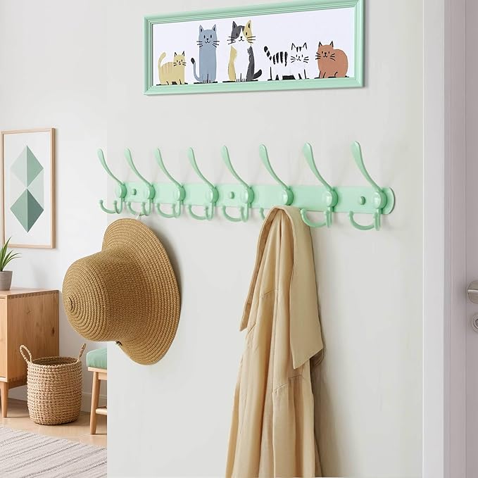 Dseap Coat Rack Wall Mount - 29.5” Long 8-Tri-Hooks Heavy Duty Coat Hanger Rail Wall Hooks for Hanging Coats Hats Clothing Clothes Purse Mudroom Entryway, Green, Pack of 2-NeatNest
