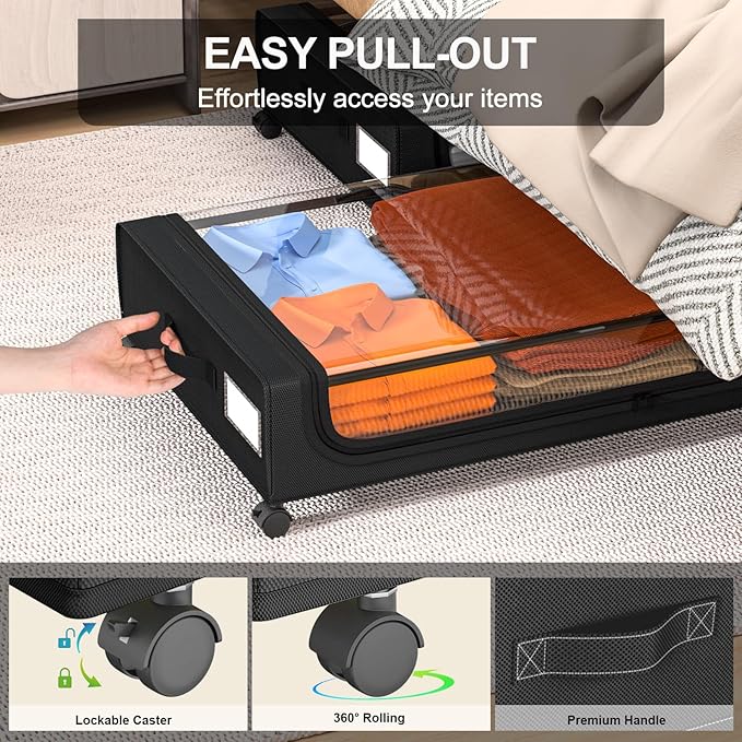 GoMaihe Under Bed Storage with Wheels: XXL Underbed Storage Containers with Clear Lids - Rolling Drawers & Bins for Shoes Clothes in Dorm Bedroom - Space-Saving Easy Pull-out Black 2-Pack-NeatNest
