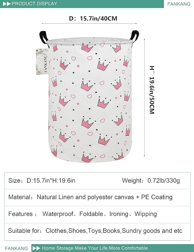 FANKANG Storage Basket, Nursery Hamper Canvas Laundry Basket Foldable with Waterproof PE Coating Large Storage Baskets for Kids Boys and Girls, Office, Bedroom, Clothes,Toys(pink crowns)