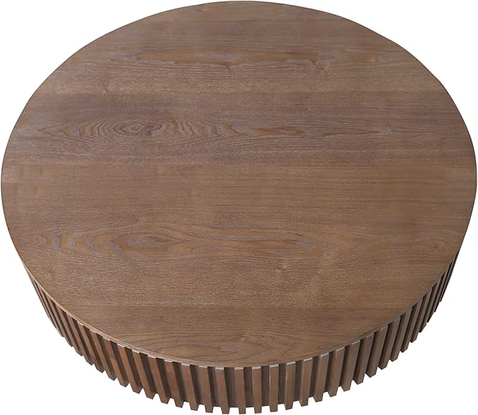 kevinplus 31.5'' Round Coffee Table with Storage Space, Modern Wood Circle Fluted Drum Pedestal Coffee Table for Living Room, Easy Assembly, Walnut (ΓΈ31.49'' x 14'')