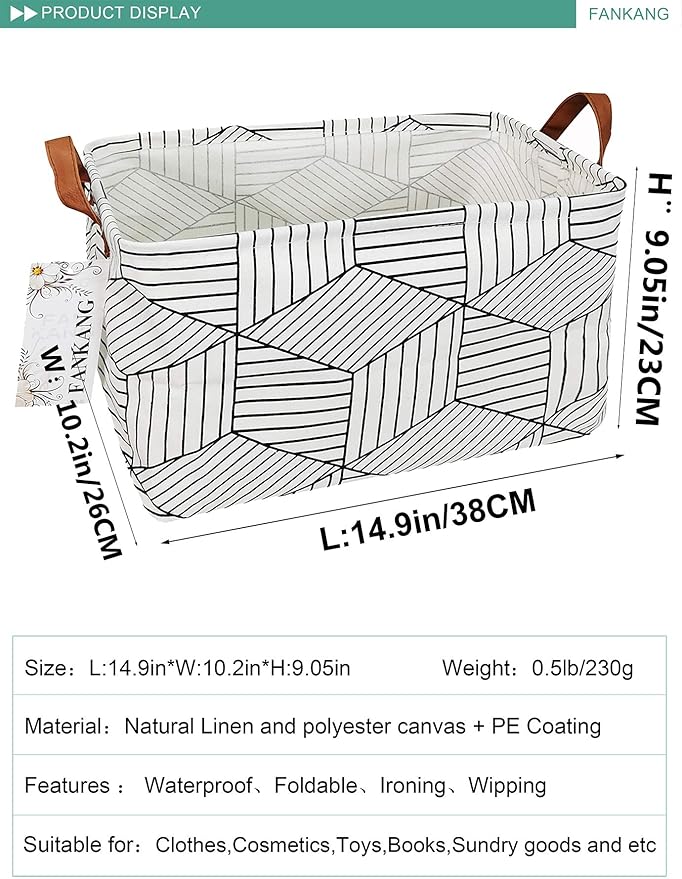 FANKANG Storage Basket,Nursery Hamper Canvas Laundry Basket Foldable with Waterproof PE Coating Storage, Office, Bedroom, Clothes,Toys (L, REC-Diamond)