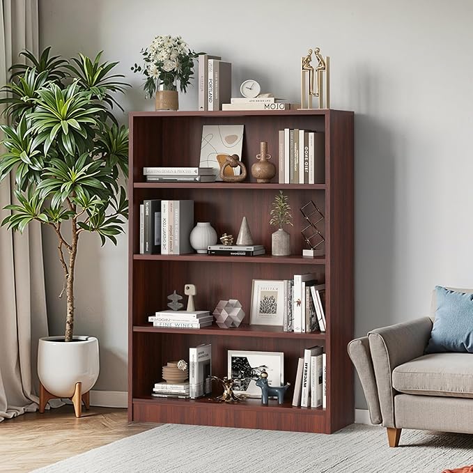 Farini 48 Inch Tall 4-Shelf Bookcase, Wood Bookshelf Storage Organizer Adjustable Shelf for Home Office, Study Room, Easy Assembly,Mahogany