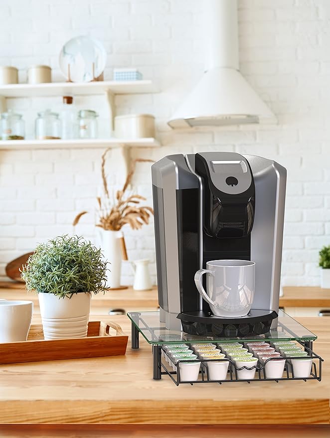Deco Brothers Crystal Tempered Glass K-Cup Holder Drawer for 30 Coffee Pods Storage, Black-NeatNest