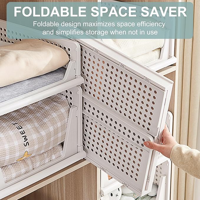 Stackable Foldable Storage Baskets, Folding Storage Bins, Closet Organizers and Plastic Drawer Shelf Storage Container for Wardrobe, Cupboard, Kitchen, Bathroom, Office (White, 4S)