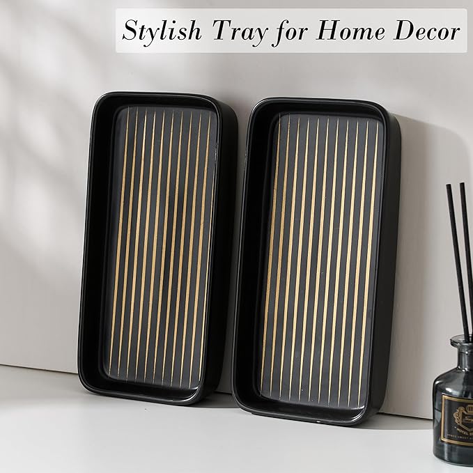 Bathroom Vanity Tray for Countertop,2PC Rectangle Striped Tray,Decorative Bathroom Organizer for Scrubber, Lotion Bottles, Perfume, Jewelry, Candle, Key Trinket Ring(Small,Black)-NeatNest