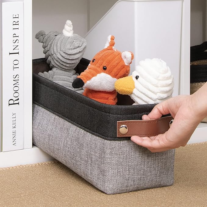 DULLEMELO Fabric Bathroom Storage Bin with Leather Handles, Narrow Organizer for Towels, Toilet Paper Rolls, Storage Basket for Back of Toilet, Vanities, Shelves & Cabinets (Black&Gray)-NeatNest