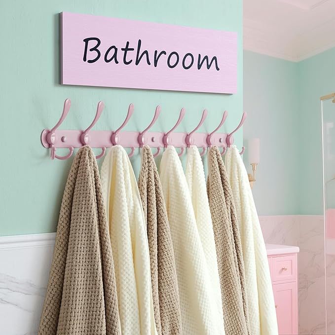 Dseap Coat Rack Wall Mount - 29.5” Long 8-Tri-Hooks Heavy Duty Coat Hanger Rail Wall Hooks for Hanging Coats Hats Clothing Clothes Purse Mudroom Entryway, Pink-NeatNest