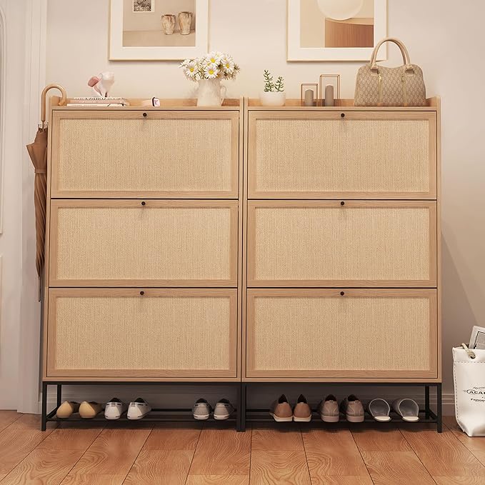 AVZEAR Narrow Shoe Storage Cabinet with 3 Flip Drawers, Freestanding Shoe Organizer Wooden Closed Shoe Rack, Slim Shoe Cabinet Storage for Entryway, Hallway, Living Room (Natural)-NeatNest