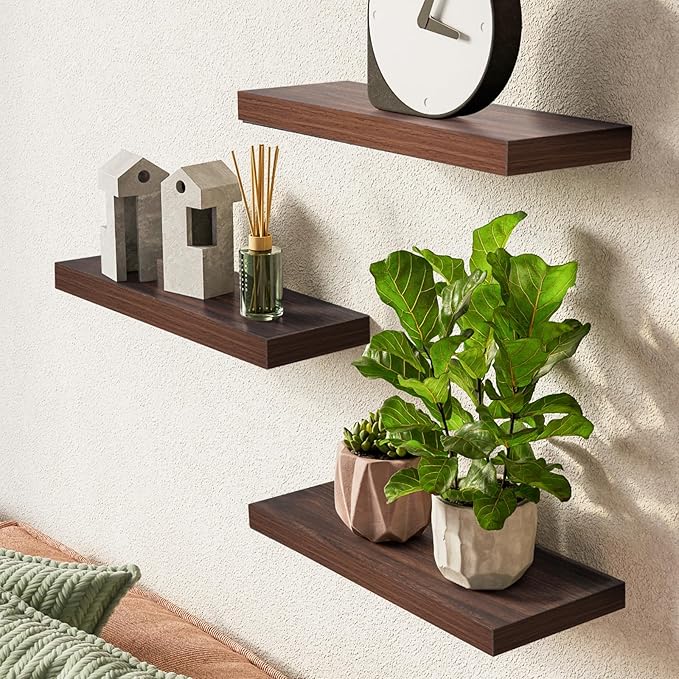 BAYKA Floating Shelves for Wall, Wall Mounted Rustic Wood Shelves for Bathroom, Bedroom, Living Room, Kitchen,Small Hanging Shelf for Books/Storage/Room Decor (Walnut-Like, Set of 3, 15.7in)-NeatNest