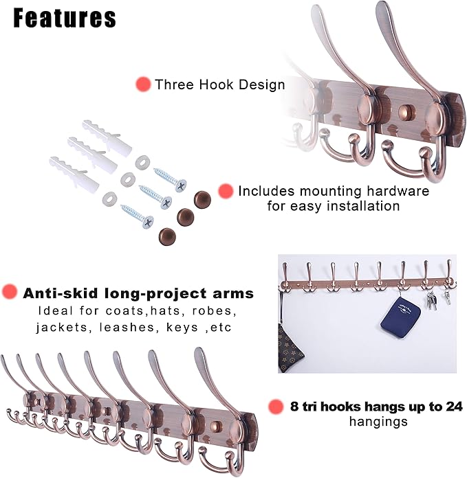 Dseap Coat Rack Wall Mount - 29.5” Long 8-Tri-Hooks Heavy Duty Coat Hanger Rail Wall Hooks for Hanging Coats Hats Clothing Clothes Purse Mudroom Entryway, Red Antique Copper-NeatNest