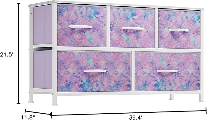 DWVO Dresser with 5 Drawers - Fabric Storage Tower, Organizer Unit for Bedroom, Living Room, Closets - Sturdy Steel Frame, Wooden Top (Purple)-NeatNest