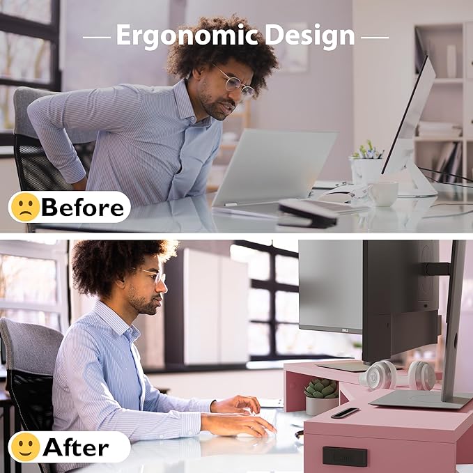 BONTEC Dual Monitor Stand for Desk, Adjustable Length and Angle Monitor Stand Riser with Smartphone Holder, Desk Shelf for Top of Desk, Computer Monitor Stand with Storage, Office Desk Organizer, Pink