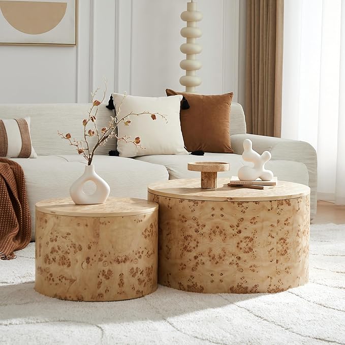 Nesting Coffee Table Set of 2 with Storage,Modern Round Burl Wood Veneer Circle Accent Side Tables for Living Room,Small Space,Bedroom,Balcony,Office,Brown(27.56"+19.69")