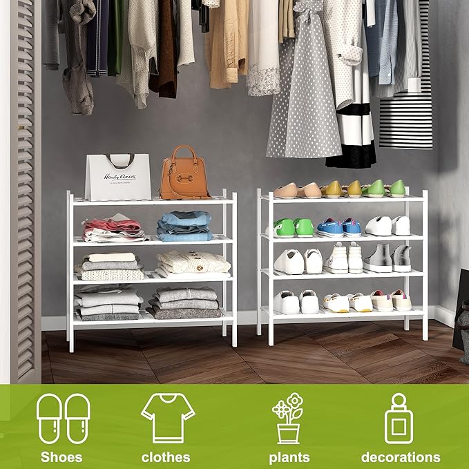 BMOSU 4-Tier Bamboo Shoe Rack Premium Stackable Shoe Shelf Storage Organizer for Hallway Closet Living Room Entryway Organizer(White Bamboo)-NeatNest
