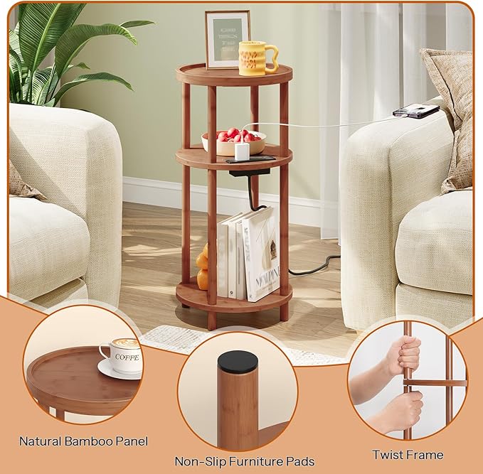 HOOBRO Set of 2 Small Round Side Tables with Charging Station, 3-Tier Round Bamboo End Tables, Easy Assembly, for Living Room, Bedroom, Apartment, Walnut WL152UBZP201