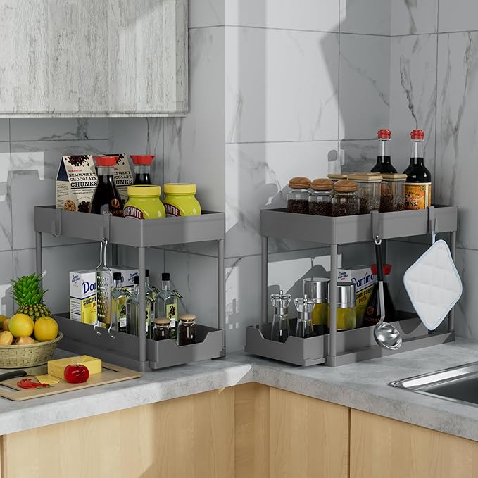 Under Sink Organizer 2 Pack,Bathroom Cabinet Organizer,2 Tier Sliding Cabinet Basket Organizer Drawer, Multi-Purpose Bath Collection Baskets for Bathroom (Grey)-NeatNest