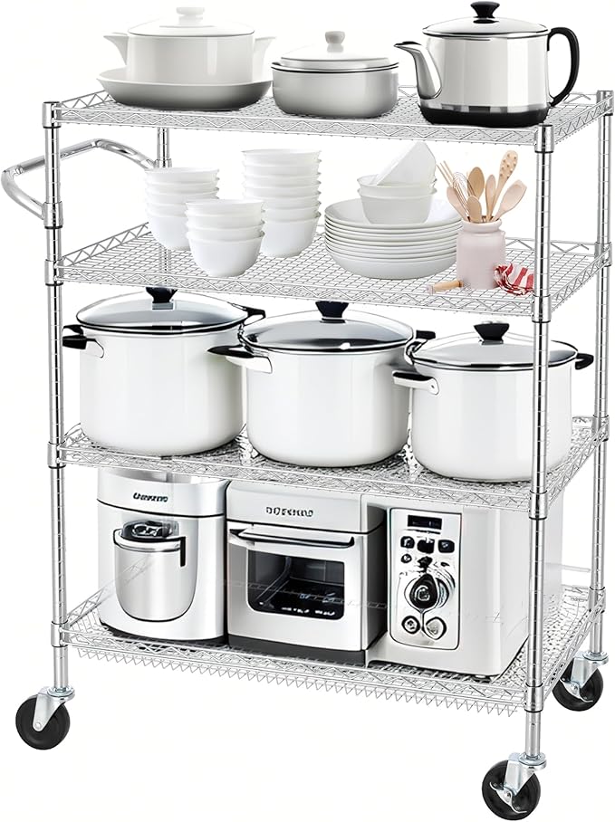 Finnhomy 4 Tier Heavy Duty Commercial Grade Rolling Cart with Handle Bar, Metal Wire Utility Cart with Wheels, Kitchen Service Trolley on Wheels, Shelf Size 18" D x 36" W, NSF, Chrome