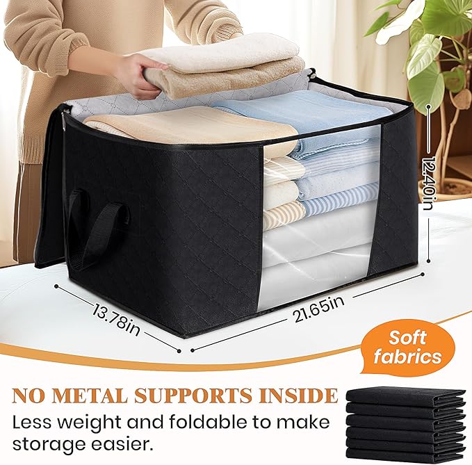 Fab totes 10 Pack Clothes Storage, Foldable Thick Fabric Blanket Storage Bags, Containers for Organizing Bedroom, Closet, Clothing, Comforter,Closet Organization with Handle,Black-NeatNest
