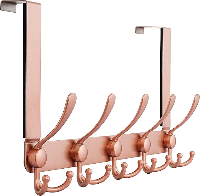 Dseap Over The Door Hook Hanger - 5 Tri Hooks, Heavy Duty Over The Door Towel Rack Coat Rack for Clothes Hat Towel, Rose Gold