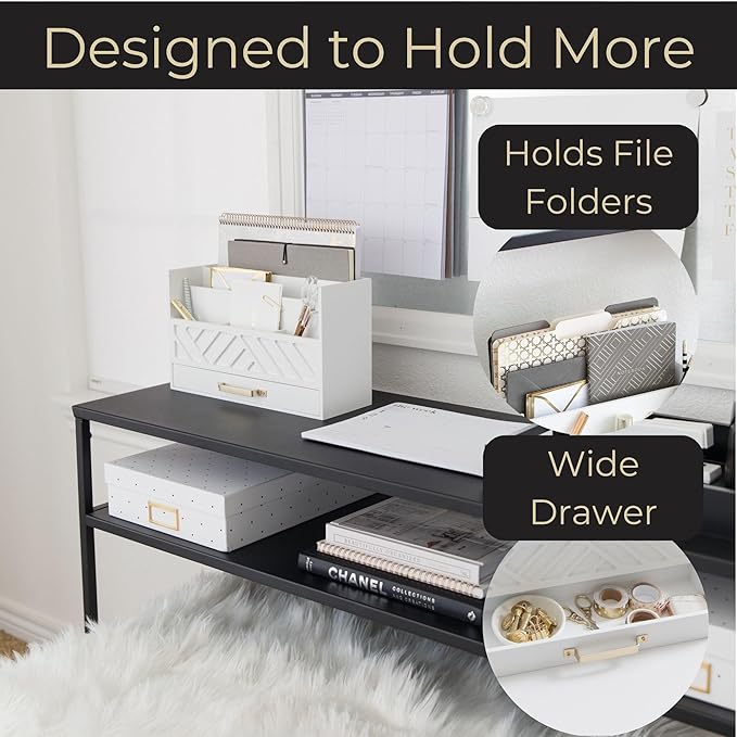 BLU MONACO White Wooden Mail Organizer with Drawer and Gold Handle – Desk Accessories for Office Organization and Storage – Home, Office, and Classroom Supplies-NeatNest