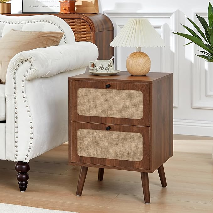 Set of 2 Night Stand with 2 Drawers, Mid Century Modern Nightstands with Nature Linen Panel, Wood Bedside Table Rustic End Table Side Tables for Small Space, Dorm, Bedroom (Walnut)(Walnut)