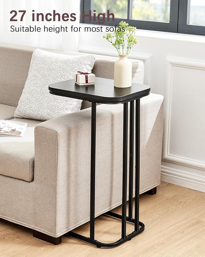 C Shaped End Table, 27 Inches High Small Side Table for Sofa and Bed, Couch Table That Slides Under, Tall Tv Tray Table for Living Room, Bedroom, Metal Frame, Ebony Black