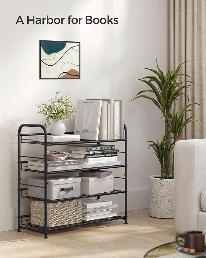 SONGMICS Stackable Shoe Rack, 4 Tier Metal Shoes Rack Storage Shelf, Holds up to 20 Pairs Shoes, Adjustable Slanted Shelves Shoe Tower Organizer for Closet Entryway Small Spaces, Black-NeatNest