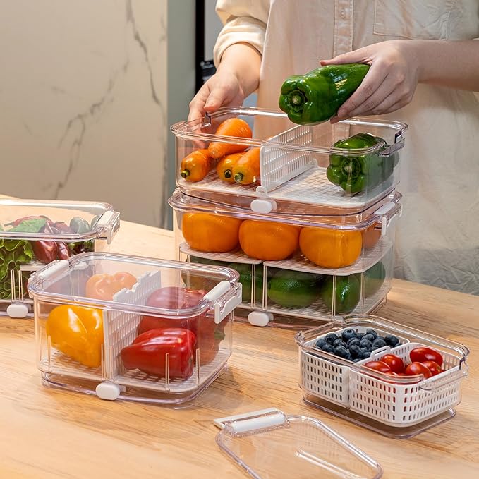 Felli Duo Fresh Produce Saver, ALL IN ONE Fridge Fruit Vegetable Container for Wash & Store with Vent & Drain Trays, Colander Strainer Bin for Refrigerator, Watermelon Berry Storage Keeper, Gifts