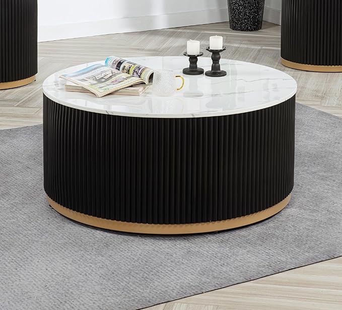kevinplus ΓΈ38'' Faux Marble Top Coffee Table Round Circle Coffee Table with Wheel for Living Room, Modern Luxurious Wooden Base Gold-Finished Style, Easy Assembly, Black & Gold & White