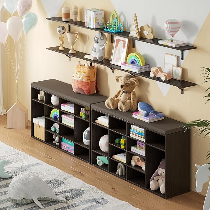 DINZI LVJ Shoe Storage Bench with Cushion, 16-Cubby Shoe Rack, Adjustable Shelves, Multifunctional Shoe Organizer Bench for Entryway, Mudroom, Hallway, Living Room, Bedroom and Garage, Espresso-NeatNest