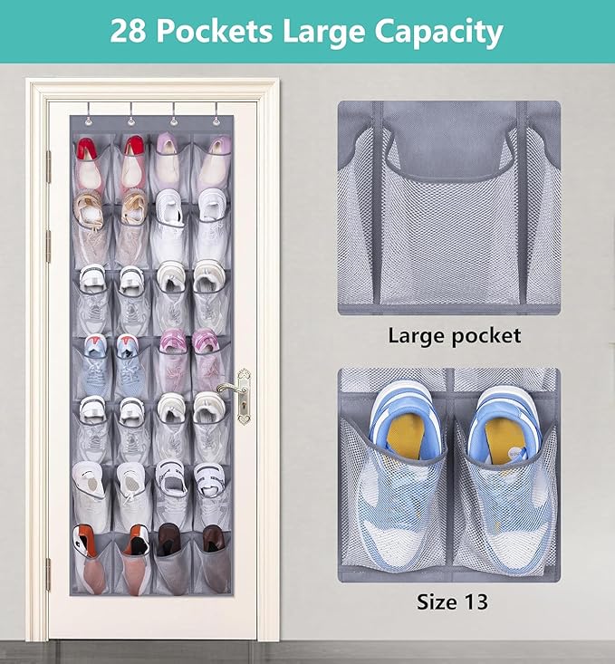 MISSLO 28 Large Pockets Hanging Shoe Rack Door Shoe Organizer Hanging Shoe Storage Hanger for Closet Mesh Holder, Grey-NeatNest
