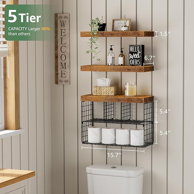 Bathroom Floating Shelves for Wall - Shelf Over Toilet Storage Small Farmhouse Decor Shelves (15.7 inch, Set of 3, Rustic Brown)-NeatNest