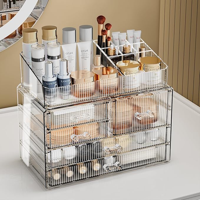 ZHIAI Stackable Storage Drawers, Acrylic Bathroom Counter Organizer Clear Makeup Organizers for Vanity, Kitchen Cabinets, Bathroom, Undersink, Home Organization and Storage (2Top 3 Drawers,)-NeatNest