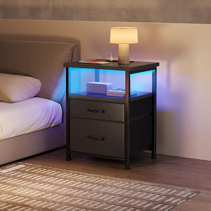Black Nightstand with Charging Station, LED Night Stand with 2 Fabric Drawers, Side Table with Open Shelf, End Table with Outlets and USB Ports, 2 Drawer Dresser for Bedroom, Easy Assembly-NeatNest