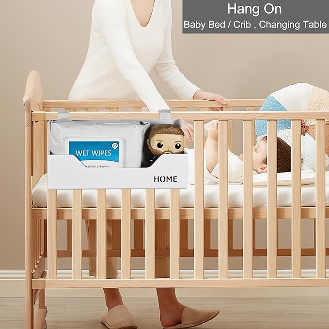 Bedside Caddy Hanging Storage Basket Little Size Plastic Beside Shelf Hang-on Storage Organizer for Collage Dorm Bunk Bed,Changing Table - Bedroom Essentials for Phone,Mini Speaker,Tissues (White)-NeatNest